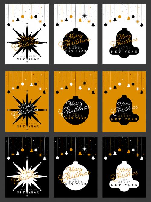 Set of Christmas Cards in Shades of Gold, Black and White - 395376415