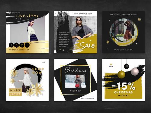 Modern Christmas Social Media Post Layouts with Black and Gold Accent - 395397156