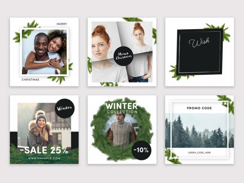 Elegant Christmas Social Media Layouts with Green Branch Illustrations - 395397185