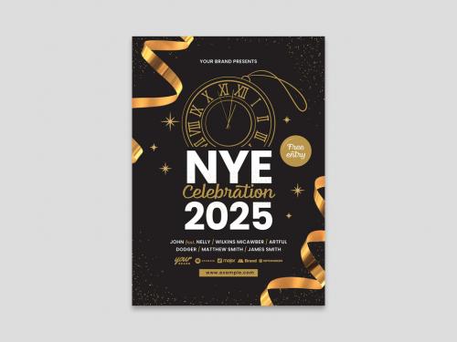 NYE Party Flyer Layout with Gold Ribbons - 395423105