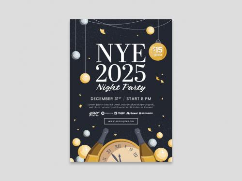 New Year's Eve Flyer Invitation with Clock and Bottles - 395423113