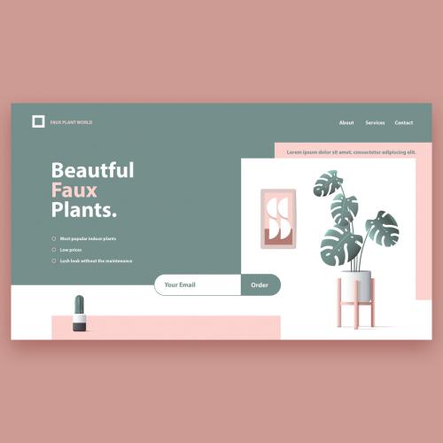 Website Landing Page Template with Monstera Plant Illustration - 395813396