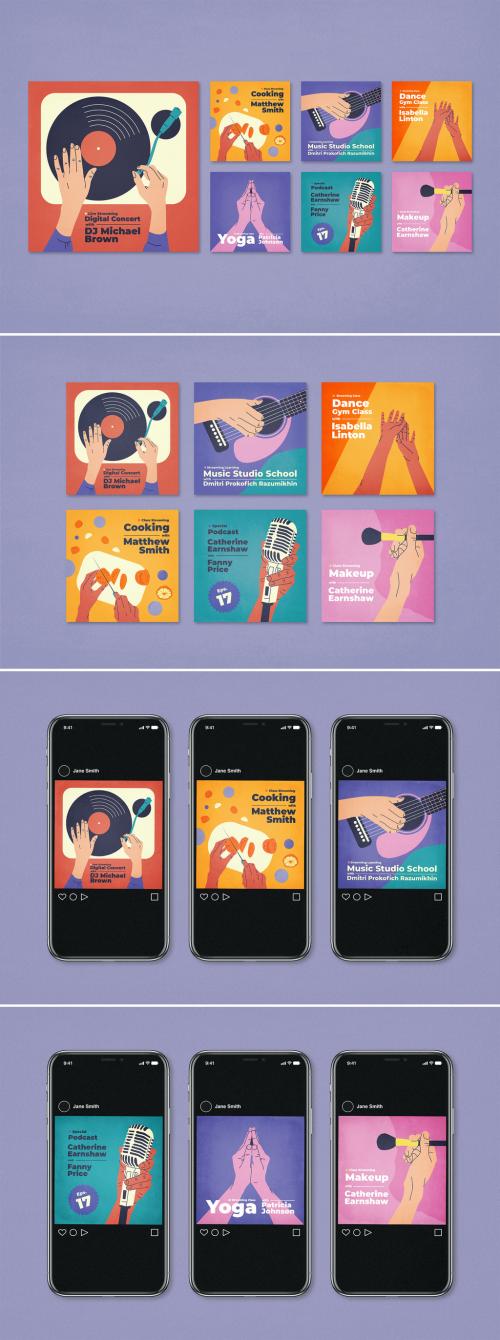 Live Streaming Content and Podcast Cover Layout with Retro Illustrations - 396599861