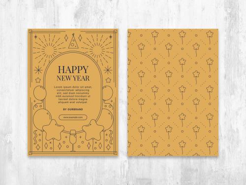 New Years Eve Greeting Card Layout with Minimal Nye Line Art Illustrations - 396607341