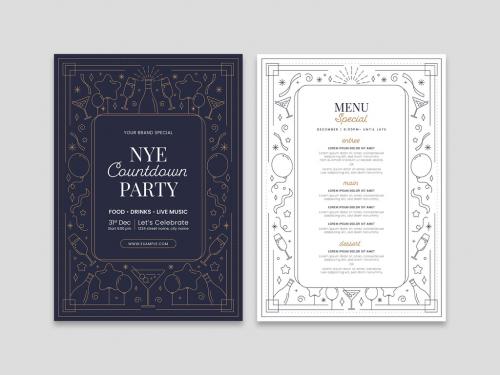 New Years Eve Menu Flyer Layout with Minimal Nye Illustrations - 396607356