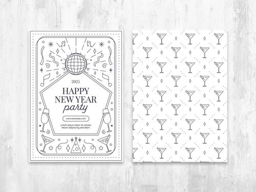 Nye Party Flyer Layout with Decorative Illustrations and Cocktail Pattern - 396607362