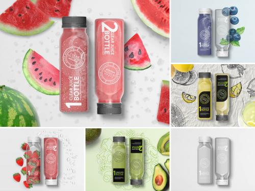 2 Clear Juice Smoothie Squared Bottles Flat Lay Mockup - 396868767