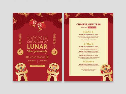 Chinese New Year Menu Flyer Layout with Red Illustration and Lion Dance - 397073079