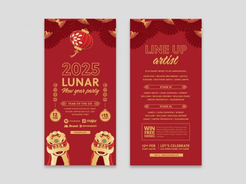 Chinese New Year Small Menu Flyer Layout with Red Illustration and Lion Dance - 397073116