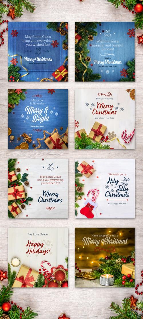 Christmas Greetings Social Media Layouts with Blue, Red, and Beige Accents - 397082321