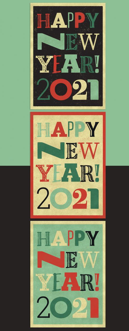 Happy New Year Retro Typography Poster Design Layout - 397271625