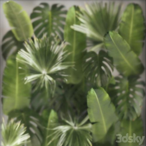 Phytowall and phytobox made of banana palm branches and fan palm leaves in a niche behind a translucent stack. 70.