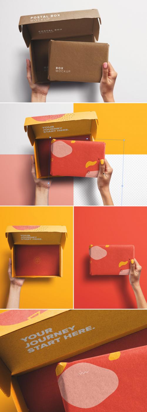 Hands Holding Opened Postal Box and Package Mockup - 397869983