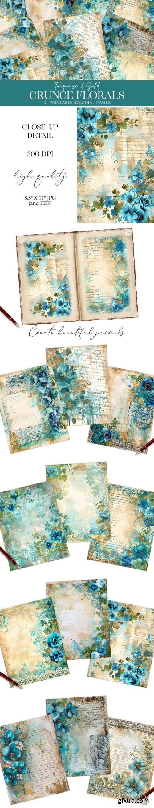 Turquoise Grunge Watercolor Floral Pages 88361096