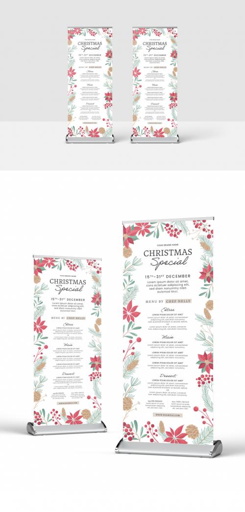 Christmas Rollup Banner with Festive Foliage Illustrations - 398337145