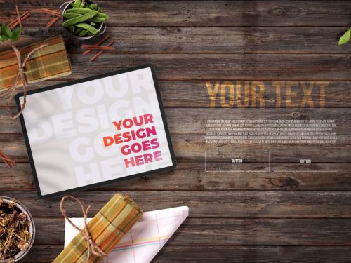 Black Tablet Mockup with Kitchen Table Background - 398560238