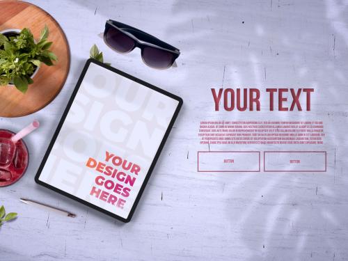 Tablet and Organic Juice on Light Background Top View Mockup - 398560468