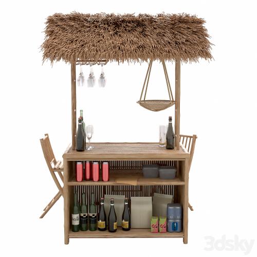 Beach Bamboo Bar with bottles and glasses