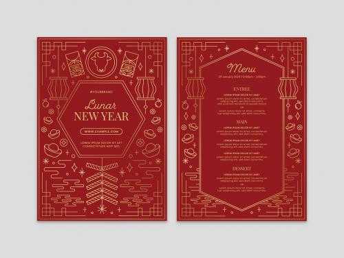 Chinese Lunar New Year Menu with Firecracker Lantern and Fan - 400235730