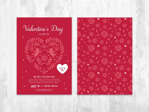 Red Valentines Day Card Layout Invite with Elegant Heart and Floral Illustration - 401428344