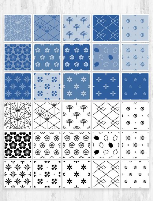 Japanese Flower Patterns Set with Minimalist Style - 401430685