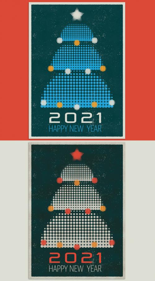 Vintage Happy New Year Poster Layout Design with Halftone Dots Tree Illustration - 401855866