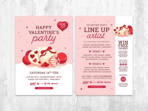Happy Valentine's Party Flyer Layout with Pink Candy Gift and Balloon Illustration - 403083507