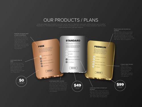 Metallic Product Cards Features Schema Layout - 404634242