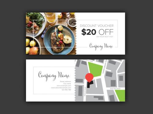 Restaurant Discount Voucher Card Layout with Photo and Map Placeholders - 407492859