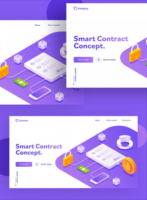 Responsive Landing Page or Hero Image for Smart Contract Concept Isometric Design - 408625474