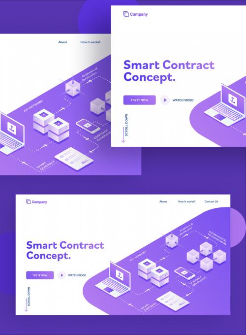 Hero Image or Landing Page Design with Isometric View of Smart Contract Process Cycle - 408625515