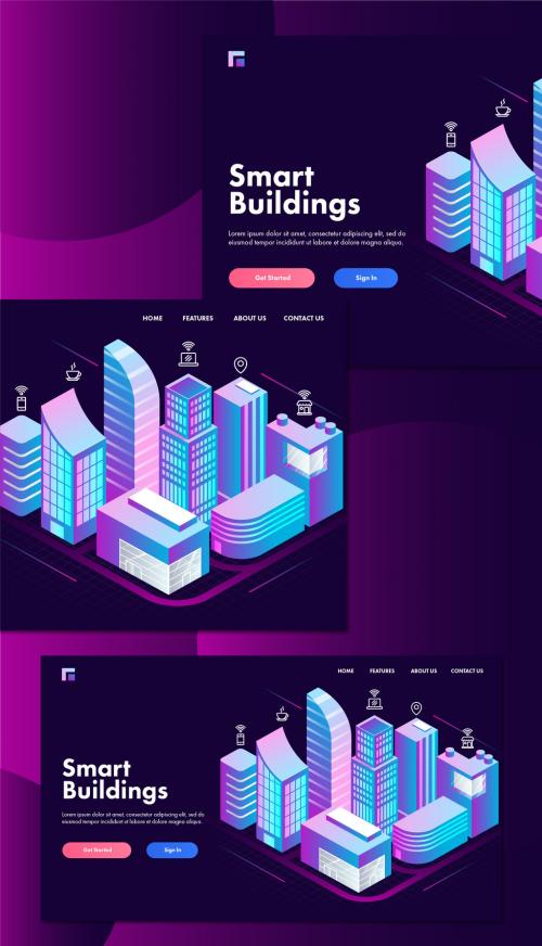 Smart Building Landing Page with Isometric Building Area Showing Internet Network - 408646418