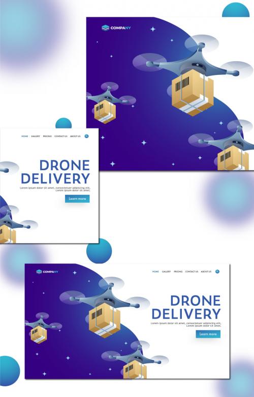 Responsive Landing Page with Isometric Quadcopter and Parcel for Drone Delivery - 408646429