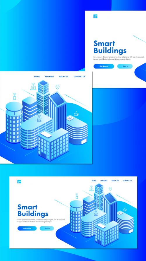 Smart Building Concept Landing Page with Isometric Building Area Showing Residential and Commercial Space - 408646430