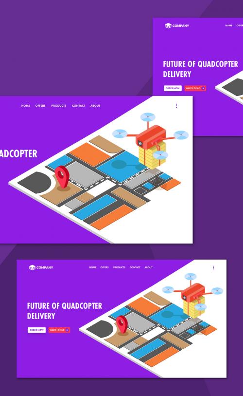 Landing Page for Website or Mobile App with Isometric Drone Camera and Shipping Location Map  - 408646437