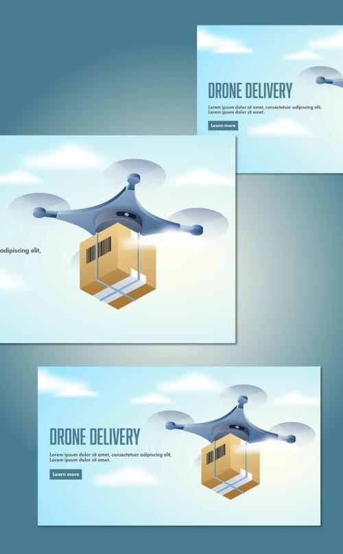 Drone Delivery Concept Landing Page Design with Isometric Quadcopter and Parcel - 408646439