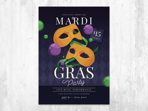 Mardi Gras Carnival Live Music Performance Party Flyer Poster with Mask, Ribbon, and Crystal Ball - 409066124