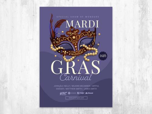 Mardi Gras Carnival Mask Flyer Poster Purple with Feathers, and Pearl - 409066136