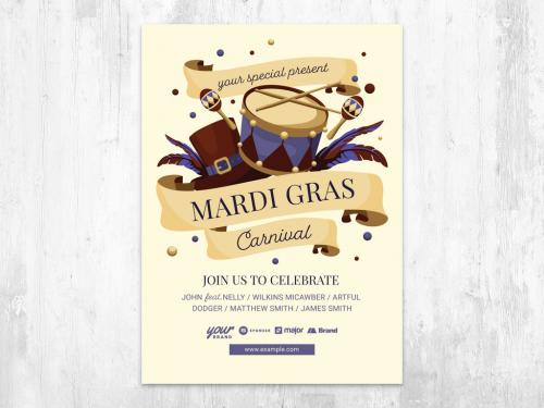 Mardi Gras Carnival Celebration Flyer Poster with Maracas Snare Drum Hat and Feathers - 409066162