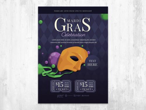 Mardi Gras Carnival Flyer Poster Purple with Mask, Ribbon, and Pearl - 409066166