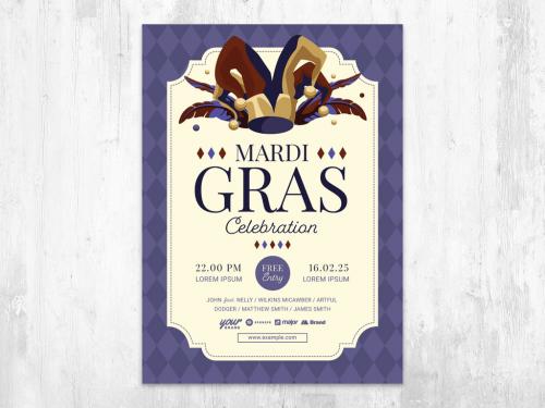 Mardi Gras Carnival Celebration Flyer Poster Purple with Jester Hat and Feathers - 409066175