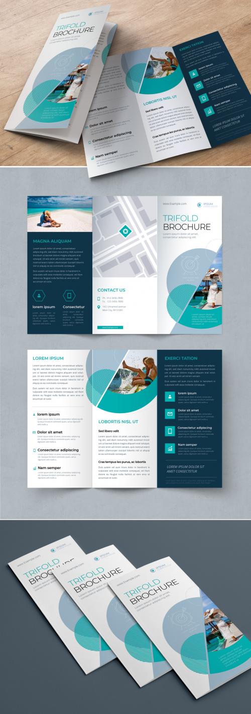 Business Trifold Brochure Layout with Teal Circle Elements - 409082391