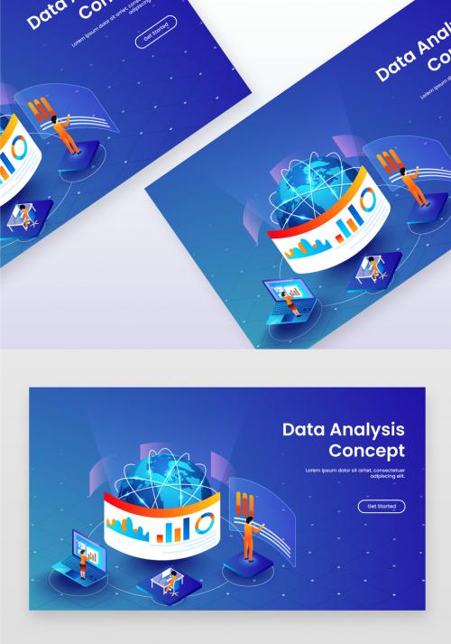 Isometric Illustration of Business People Analysis Data with Global Networking for Data Analysis Concept Based Landing Page - 409293013