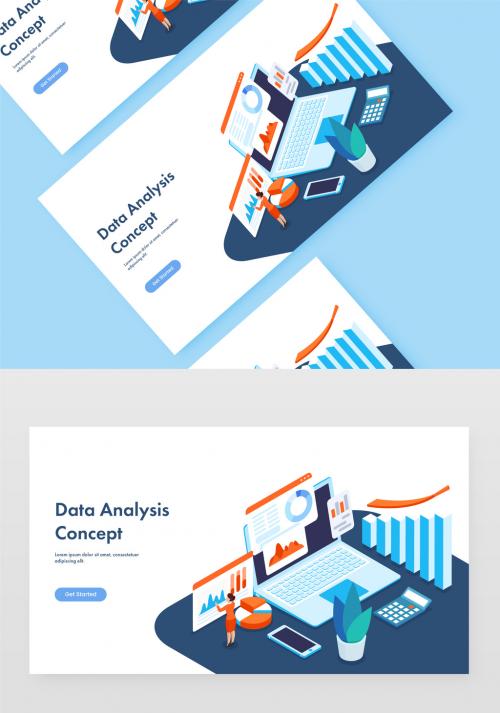 Data Analysis Concept Based Landing Page with Isometric View of Woman Maintain Infographic Website and Laptop - 409293037