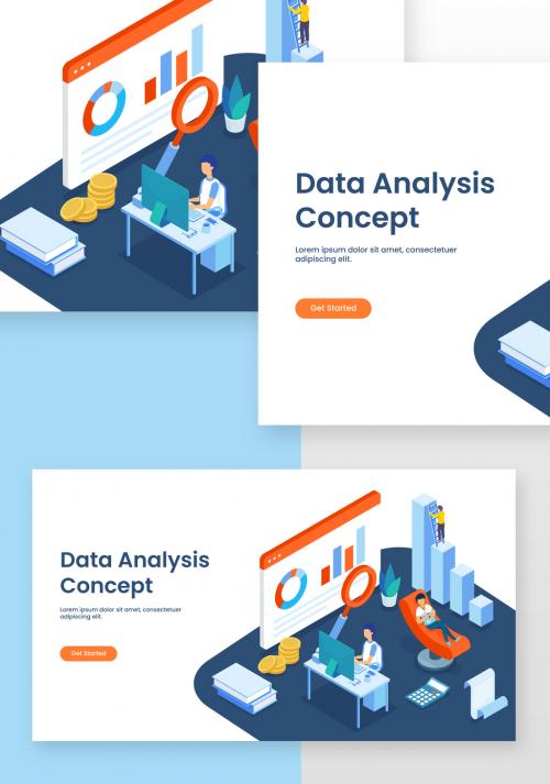 Data Analysis Concept Based Landing Page with Isometric View of Analysts Maintain the Data, Infographic Website and Workplace - 409293060