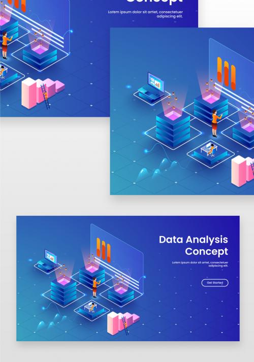 Data Analysis Concept Based Landing Page with Isometric Business People Maintain Data Servers or Analyze Stats on Blue Background - 409293061