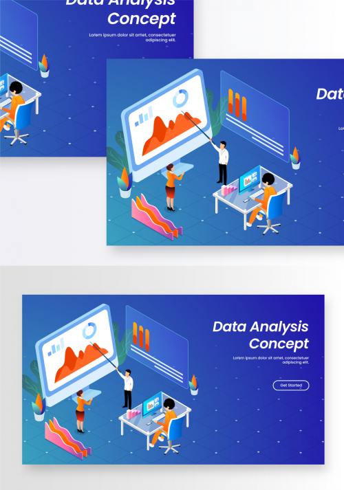 Data Analysis Concept Based Landing Page with Business People Presenting Online Info-Graphic in Desktop at Workplace - 409293080