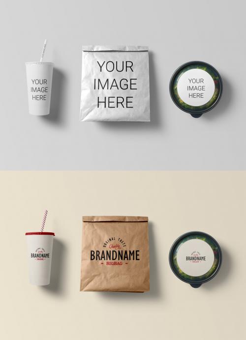 Bag with Paper Cup and Salad Mockup - 409956933