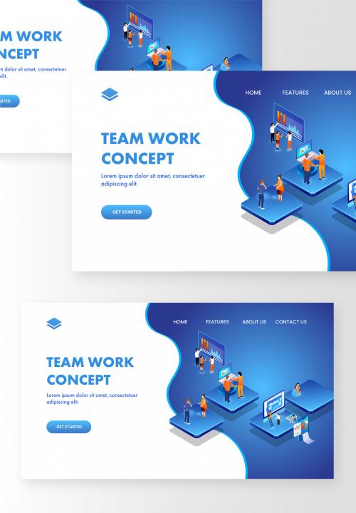 Isometric Illustration of Business People Working on Different Platforms for Data Analysis or Teamwork Concept Based Landing Page - 410487308