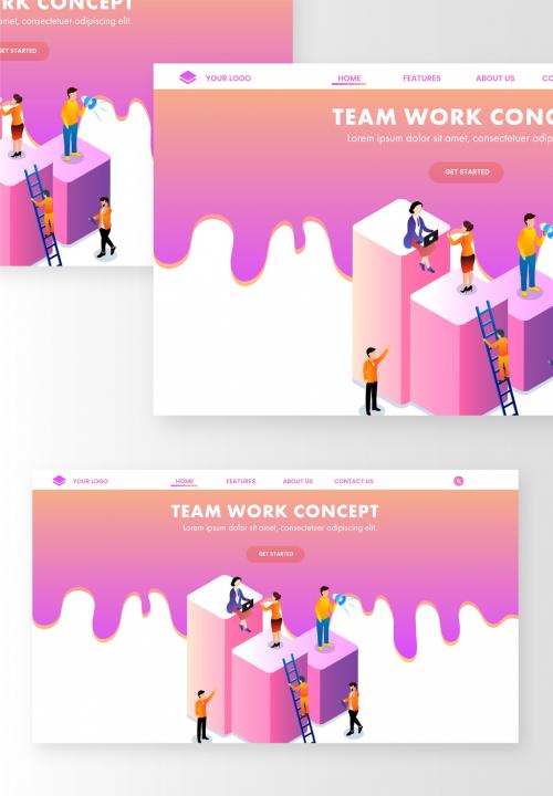 Isometric View of Business People Working Different Platform in Level Position for Teamwork or Company Growth Landing Page - 410487314